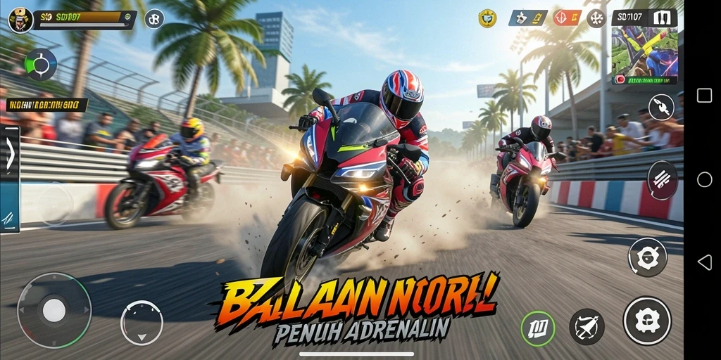 Screenshot menunjukkan ketegangan balapan motor di trek menantang.
